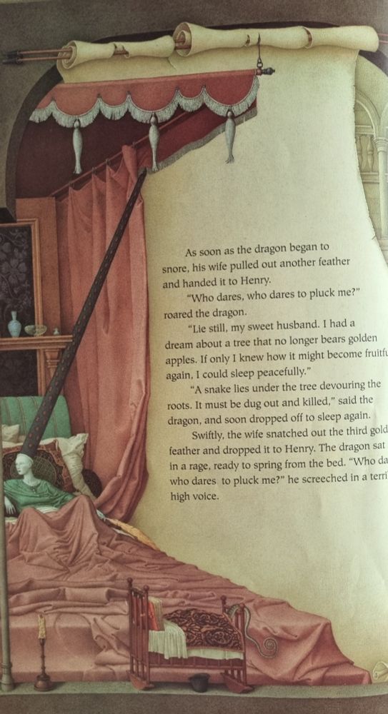 Page where the dragon's wife sits in bed and puts one of his feathers to the side.