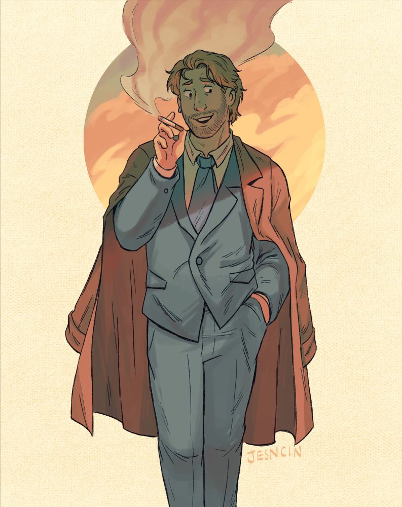 John Constantine wearing a blue suit and a blue tie with a tan coat draped over his shoulders. He's holding a cigarette in his hand.