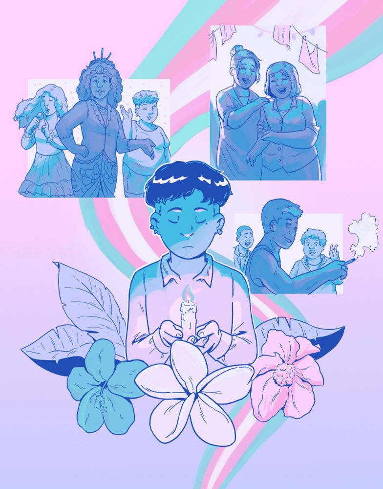 The trans flag flows across the image like a river. A child holds out a candle with a trans flag colored flame. They are surrounded by flowers. Behind them are three images spread across the river. One is of a trans lesbian couple, the second is of a drag queen in traditional Indonesian clothes surrounded by more modern looking performers, the third image is of an older trans man smoking as he's hanging out with his two friends.
