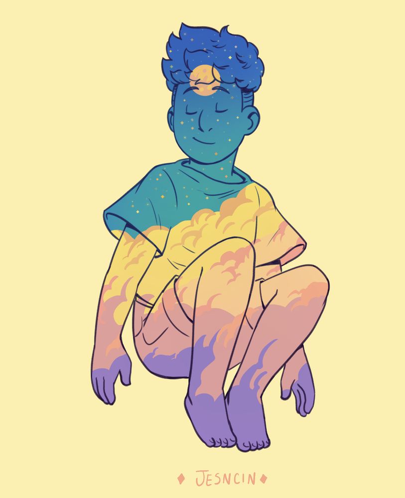 Indu floating in a sitting pose. His eyes are closed, expression peaceful. Against a bright background, Indu is colored with warm clouds against the moon on a cool sky.