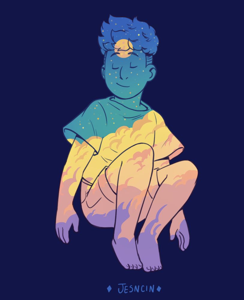Indu floating in a sitting pose. His eyes are closed, expression peaceful. Against a dark background, Indu is colored with warm clouds against the moon on a cool sky.