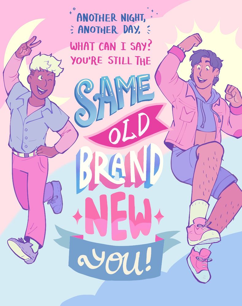 Indu and Aminah from Lunar Boy dressed in trans colored clothes. The lyrics to A1's Same Old Brand New You is in between them