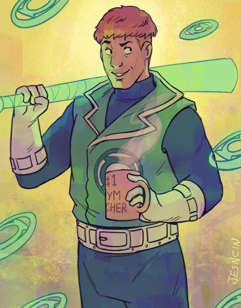 Guy Gardner in his green lantern outfit holding a construct of a bat while floating disks with the Green Lantern logo fly around him. Guy is also holding a mug that says "#1 GYM TEACHER"