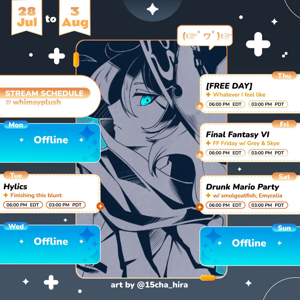 A VTuber stream schedule
All time at 6pm et/3pm pt

Tuesday is Hylics
Thursday is a free day
Friday is Final Fantasy 6
Saturday is Drunk Mario Party