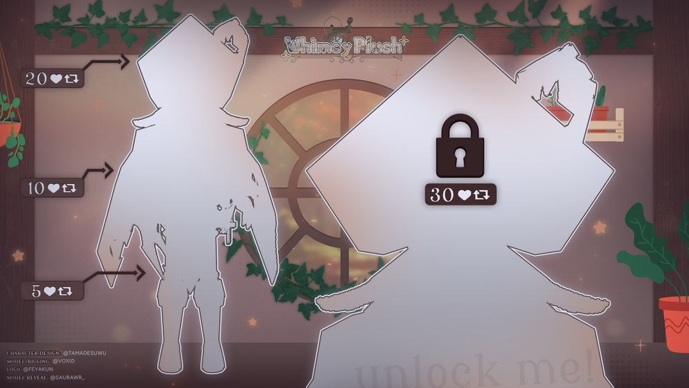 An image depicting a silhouette of a Vtuber model.
There are notes next to different parts of said silhouette that indicate the amount of likes and reposts needed to reveal different parts of the Vtuber model.