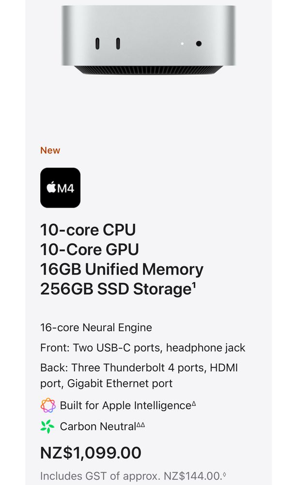 Screenshot from the Apple New Zealand website of latest specs of Mac Mini with M4 and 16gb of RAM for $1099 NZD