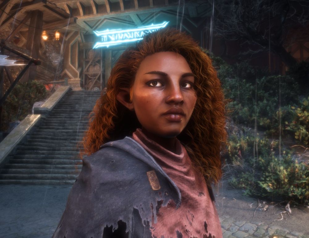 This is a photo of my Dragon Age Veilguard character Femi Laidir from the beginning of the game standing in the rain in the starter outfit.
