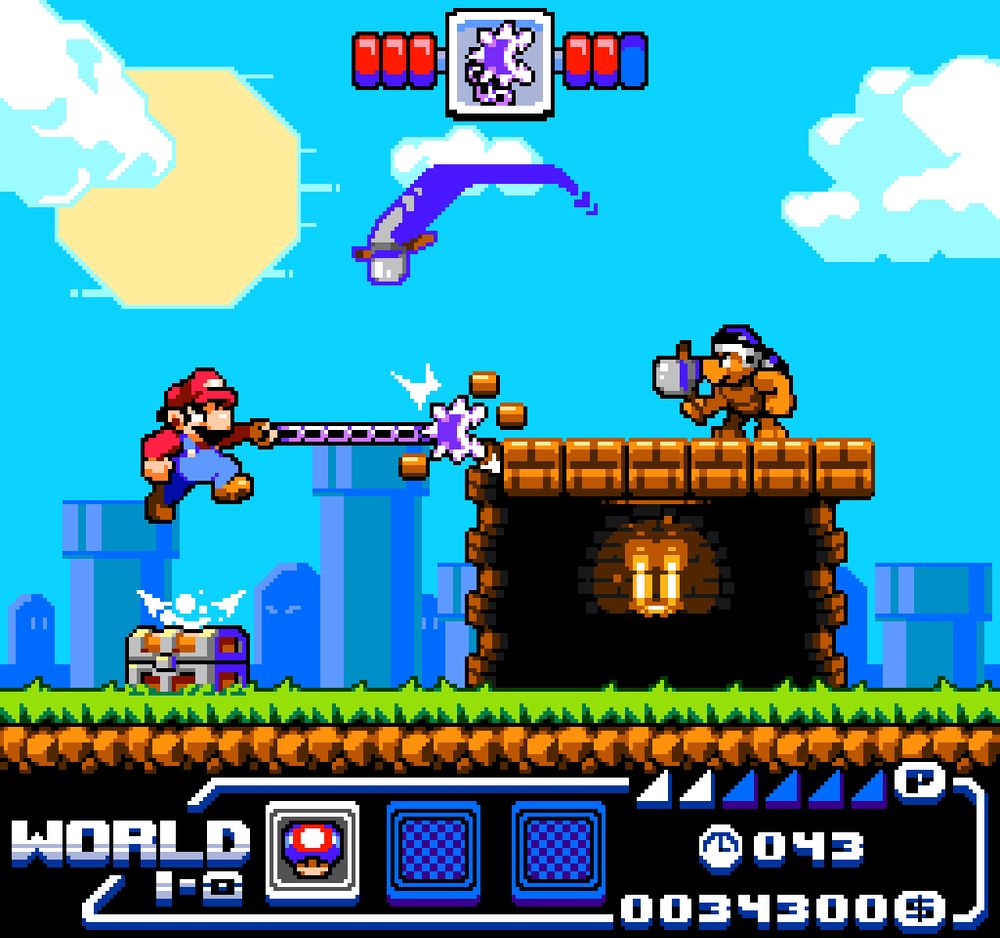 Pixelart entry for the Mario3Redraw collab, depicting the first hammer bro encounter in world 1. In this one Mario uses a whip similar to the Castlevania games, also the style is quite colorful and influenced by Nitrome!