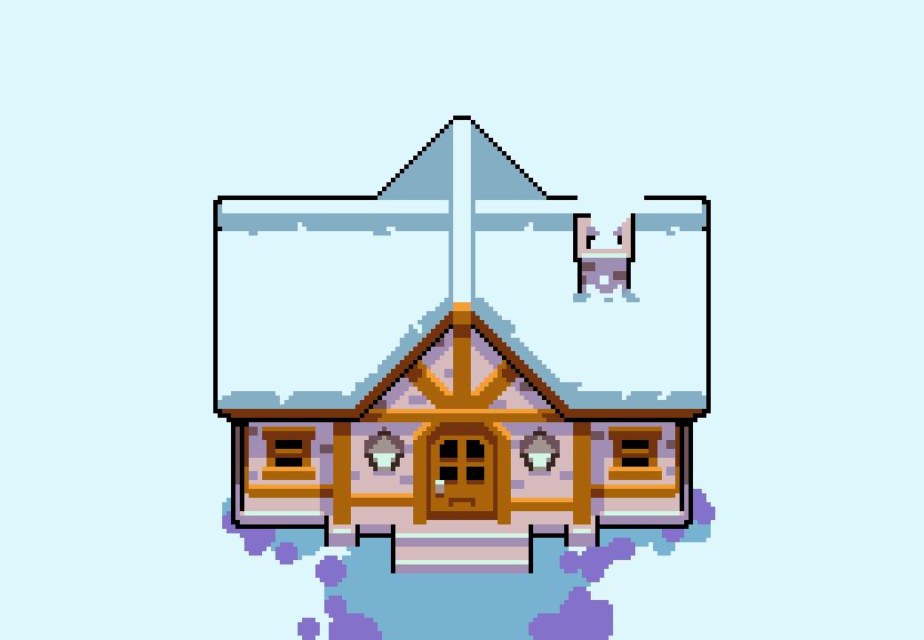 Image of a small pixel art house surrounded by snow, leading to the door with a road made out of really simple rocks