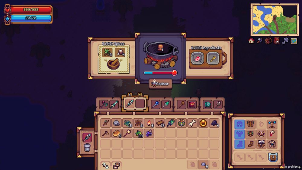 Image showing a few elements of the UI, like a minimap, HP and Mp bars, a cooking menu, etc...