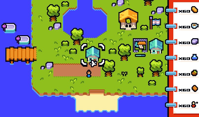 Mockup made in pixelart with a thick outline start, imitating a bit the aesthetics of vector art. You can see a small island with a port and some small boats, with trees, rocks, and house around (even a little beach). At the right you can see a notebook with all the information on the resources you have gathered.