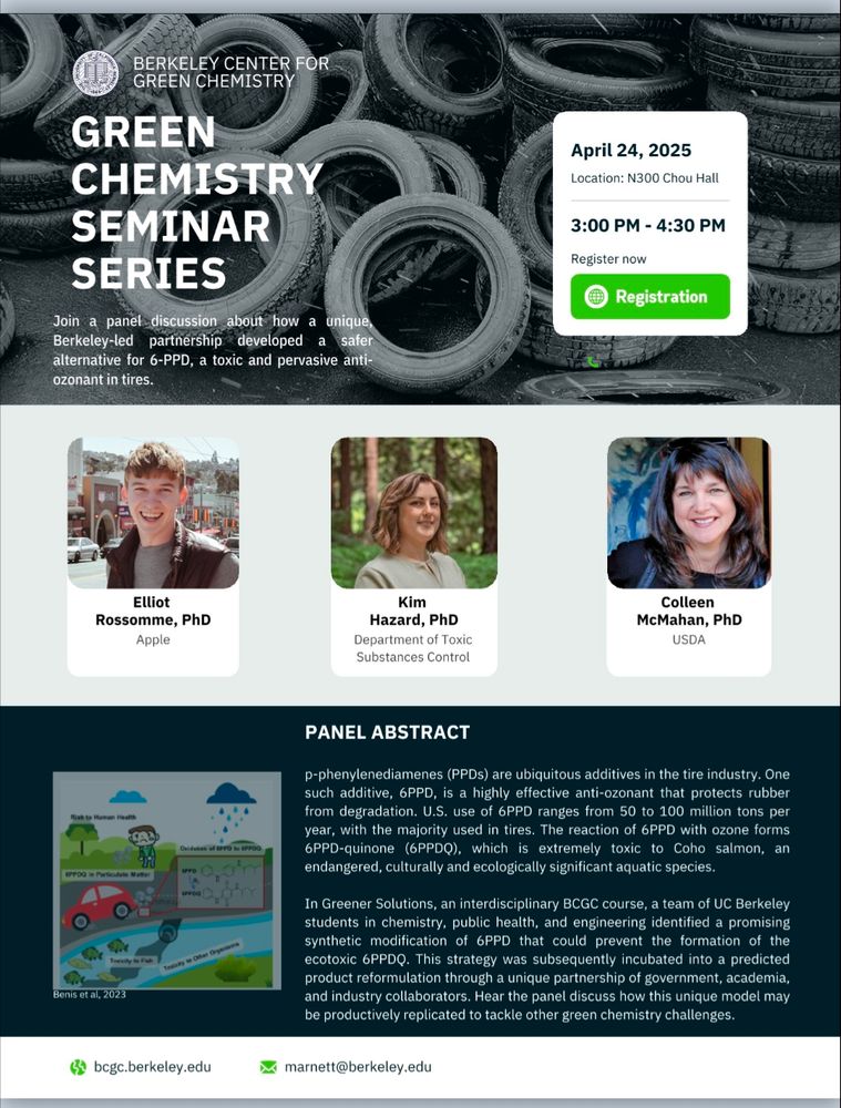 Flyer for Berkeley Center for Green Chemistry seminar on 6PPD in tires