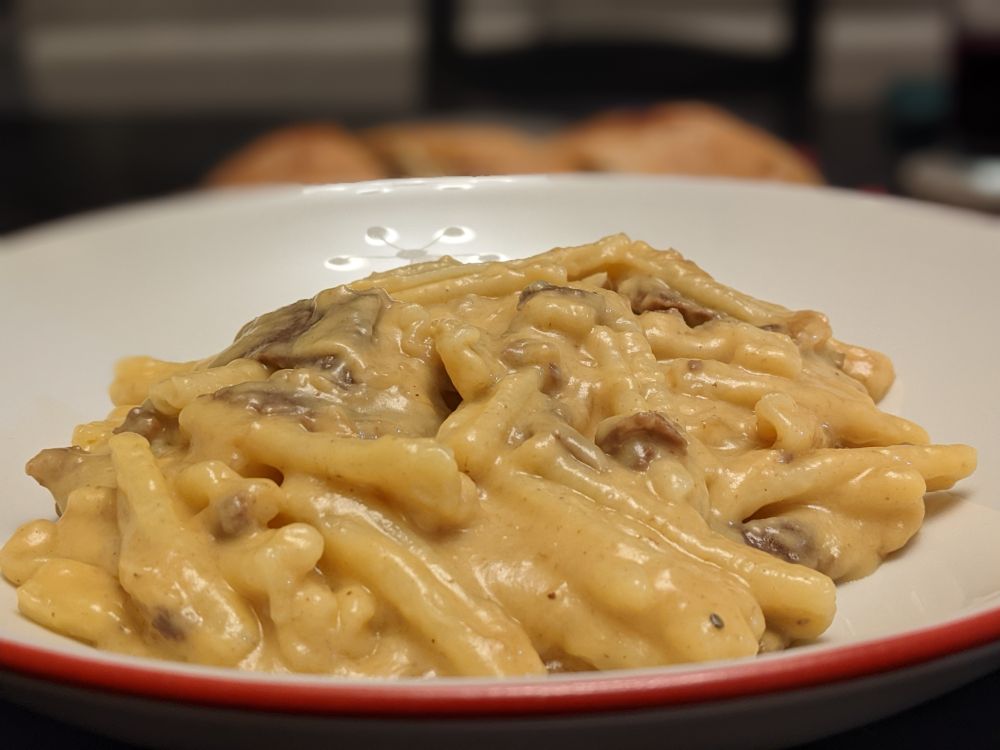 A close up shot of Gyudon beef mixed into from-scratch mac and cheese.  