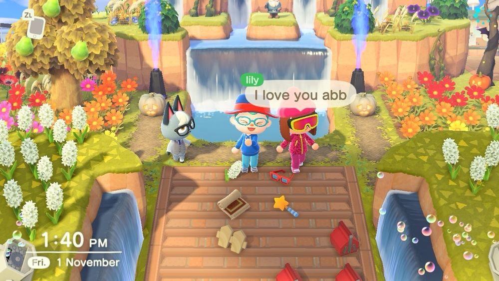 Animal crossing island with 2 characters and Raymond with the words ‘I love you abb’