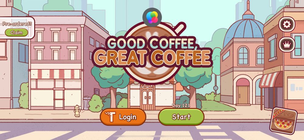 The starting screen for the mobile game Good Coffee, Great Coffee, depicting a cartoony city street with a coffee shop at the center and a logo for the game on top of a large latte in a mug. 
