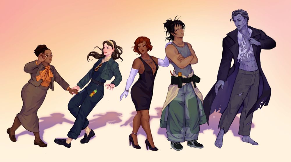 Art by AzukiArts! The characters from the actual play Shadows of Gotham on a peach, pink and eggshell white background. Edie is a short, nerdy, suit-clad Black femme holding hands with Dove Dixon, a white femme in a detective’s outfit with a small troll doll on her belt loop. Next to them is another Black femme dressed as a bottle girl, Lyla McCabe, who is holding onto the shoulder of Ben Aden Tora, a mechanical genius who is of Asian descent and is wearing coveralls. Last up, the tallest is Randhir, a man of SWANA descent dressed well and giving an air of elegance, and whose body is made out of stone. 