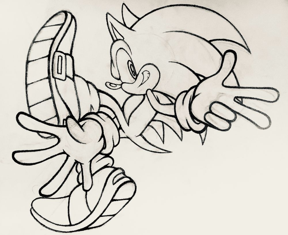 Sonic the hedgehog kicking upwards and smiling, showing random hand signs, as usual.. 