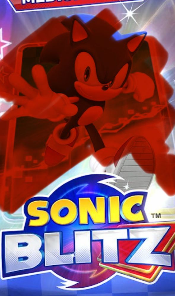 Sonic Blitz reveal image with the Sonic render scribbled out.