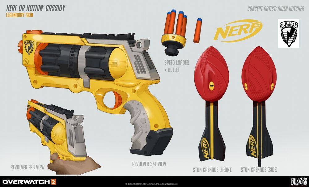 Weapon concepts for an Overwatch 2 Nerf collab for Cassidy based on the Nerf Rival Blaster and Vortex football
