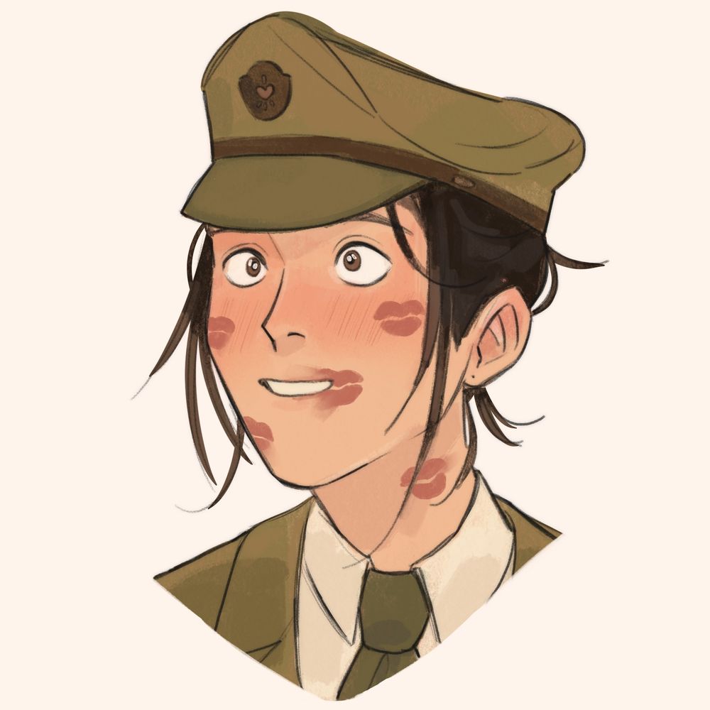 The sergeant stares into space, kissy lipstick marks all over her face and her hair all over the place. She looks like she just won gold (she has won the gl olympics).