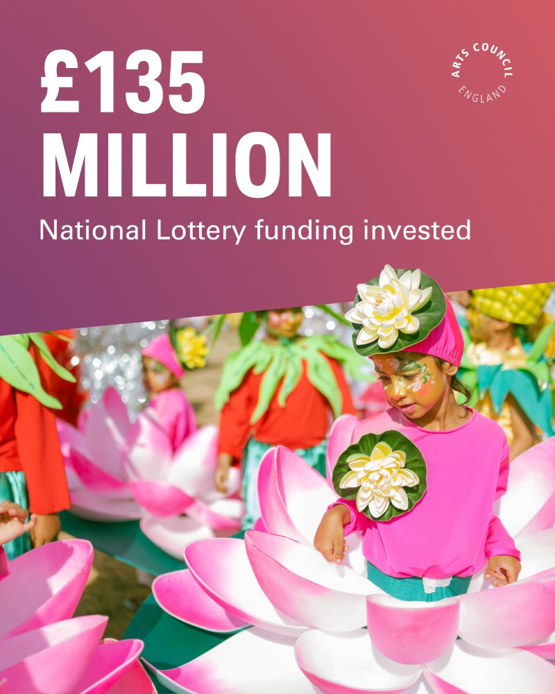 Children dressed in colourful flower costumes, with text overlayed that says "£135 million: National Lottery funding invested"