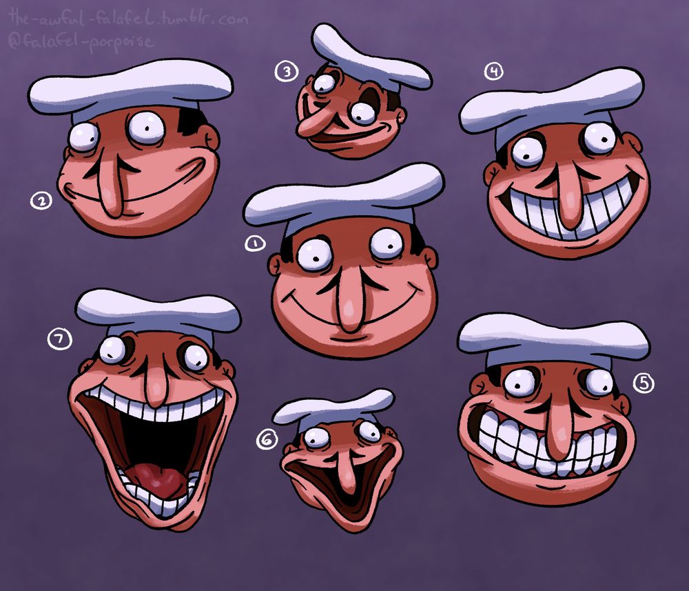 Prompt by @sweetnsourstufff on Tumblr: Can you draw fake pep giving his best smile? ^♡^

Digital art of various facial expressions of Fake Peppino. All of them are "smiling", but in different ways. 

The first expression is the default Fake Peppino smile, vacant and chubby-cheeked. 

The second expression has a smile that is pulled wider and more sunken, with both of his eyes firmly focused on the viewer. 

The third expression has his widely smiling mouth held slightly open as his eyes focus on something offscreen, his sockets stretched wide. 

The fourth expression has him displaying a cheerful toothy grin with his gums hidden. 

The fifth expression has him displaying a slightly gritted and even toothier grin with his gums and all rows of teeth visible. 

The sixth expression has his mouth stretched and sagging past his chin in a toothless, smiling gape. 

The seventh and final expression has him facing the viewer head-on, jaws stretching inhumanly wide, showing off his teeth and tongue and sagging flesh, and his eyes are sunken and loose in their sockets.