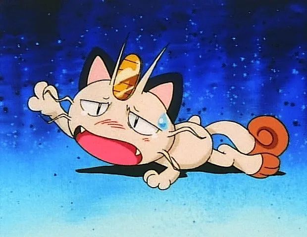 meowth from pokemon army crawling in distress while reaching his paw out in front of him