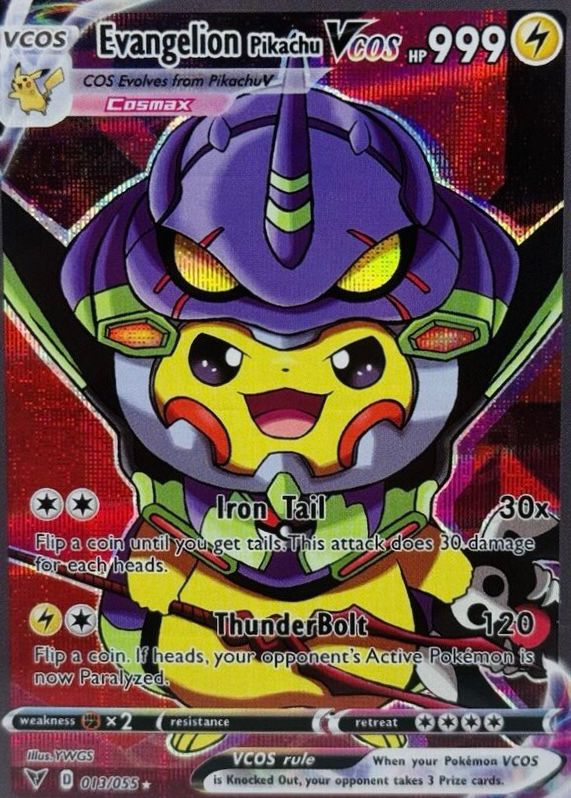 evangelion pokemon card of pikachu dressed like eva unit 01