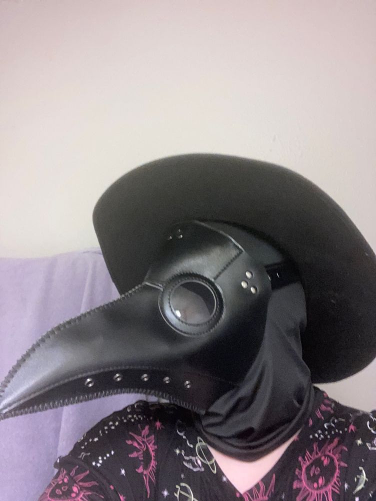 A plague doctor mask with a wide brimmed hat as well as a balaclava underneath the mask.