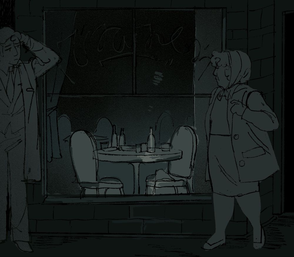 Monotone sketch of Agatha standing next to the window of a restaurant, gazing where a used table for two is dimly lit. Ansel stands just out of frame, looking into the street.