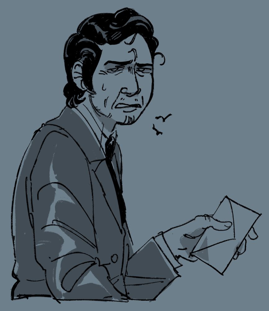 Sketch of Ansel looking irritated towards the viewer. He's got an envelope in one hand.