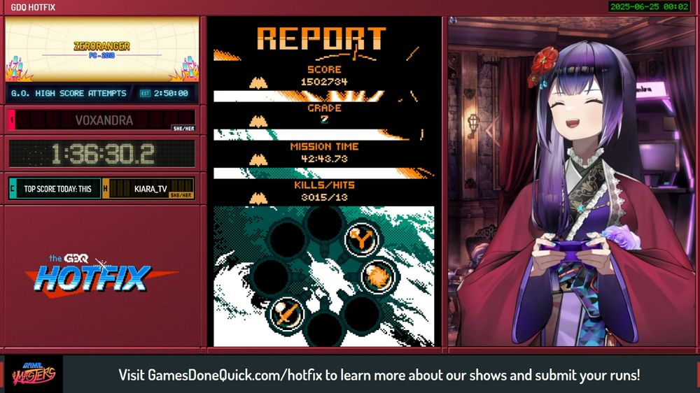 Screen shot of me running ZeroRanger on the GDQ Hotfix show "Game Masters" getting a 1.5 million score