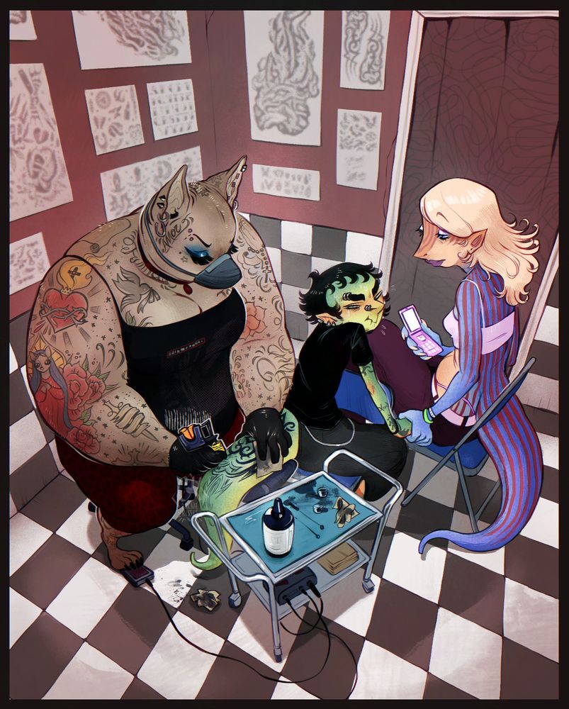 Rendered scene of a tattoo operation room, three anthropomorphic characters are seated, a dog woman is tattooing the tail to a lizard guy, who looks slightly in pain for it. His companion is holding his hand.