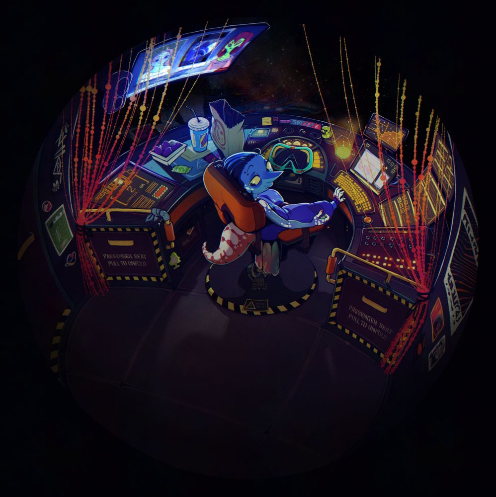 Image depicting the interior of a vessel's cockpit. A small guy alien is sitting at his pilot chair, looking back but not quite at the viewer.
Notably, the news is playing on the TV, the image's caption is what's being said by the anchorperson.