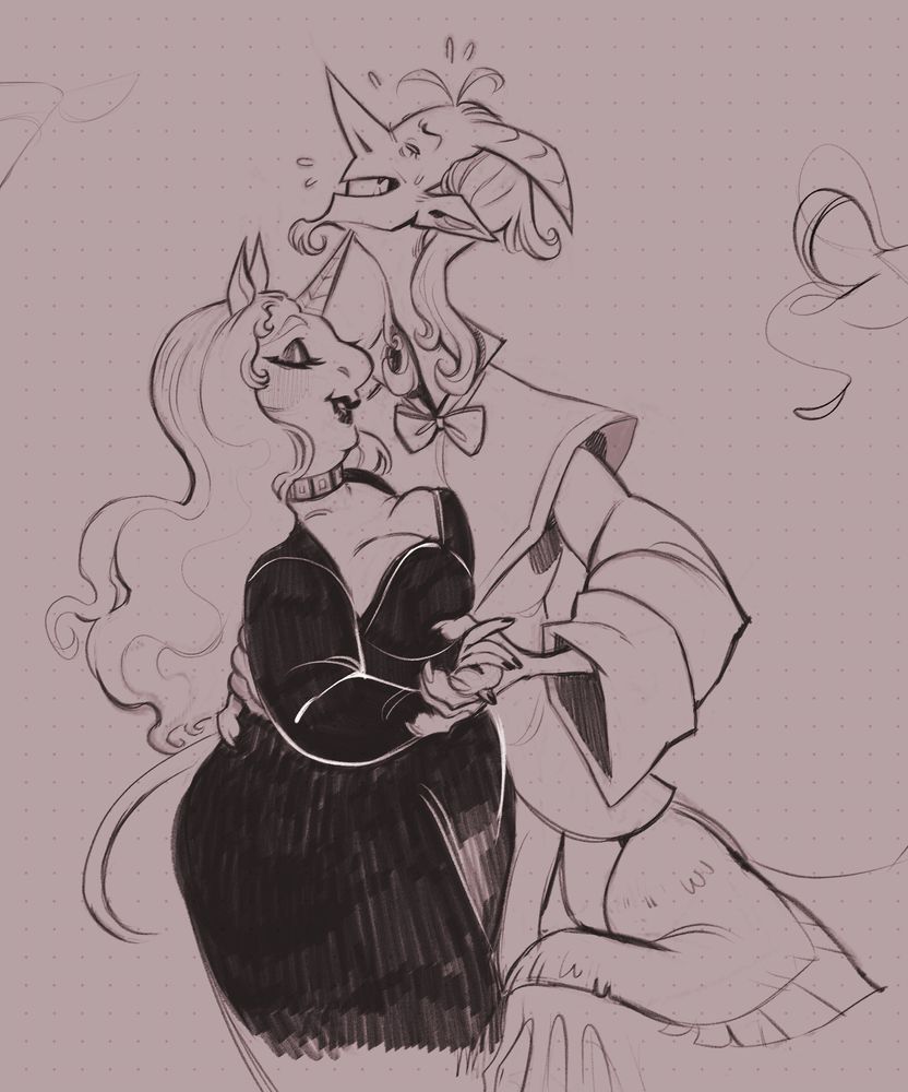 Sketch depicting two humanoid characters, implied to be dancing. The character on the left, a unicorn, is too distracted by the gesture to realize she's inadvertently poking ther partner's (a dragon) underchin with her horn.