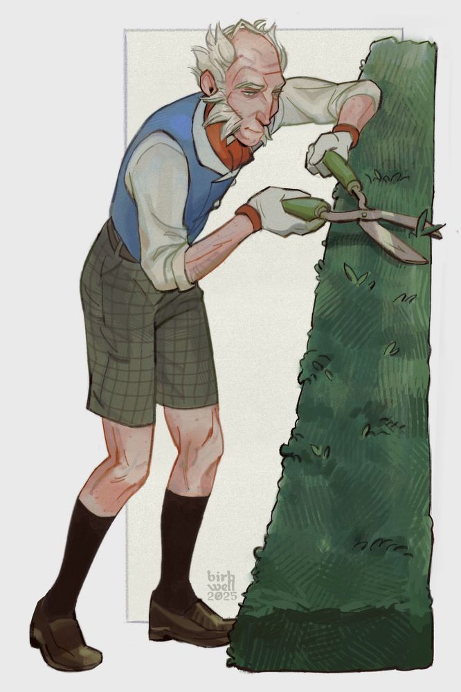 a drawing of richard templeton, an old white balding man with mutton chops and a comb over, meticulously trimming a hedge. he is wearing little plaid shorts that show his old man legs. yeah thats all