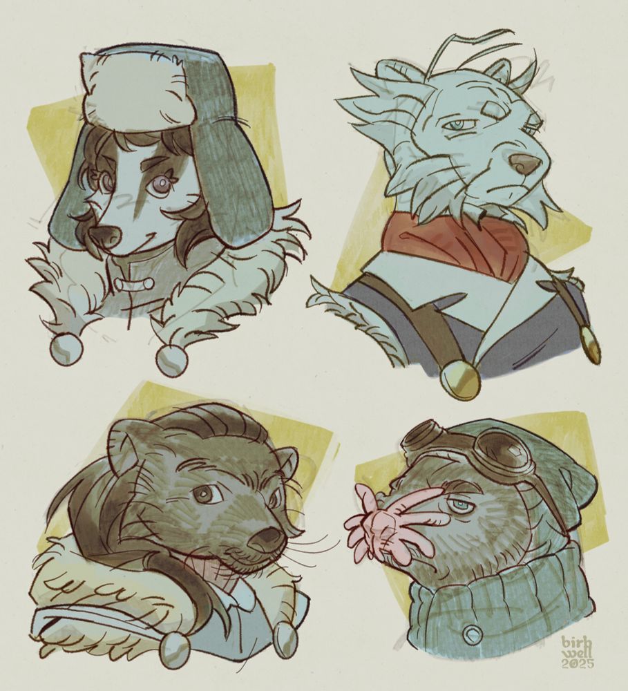 sketchy colored headshots of pale beyond characters but as anthros. kasha is a badger, templeton is a stoat, robin is a binturong and hammond is a star-nosed mole.