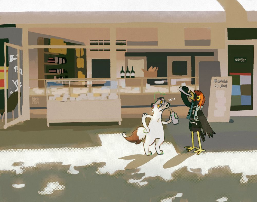 a white stoat and a black bird stand in front of a cheese shop's storefront on a sunny day. the stoat has a black-tipped bushy tail and yellow eyes and tentatively sniffs a bottle of milk. the bird has red hair and a battle vest, and is enthusiastically chugging its bottle of milk down. the sunlight in front of them is dappled by unseen leaves' shadows.