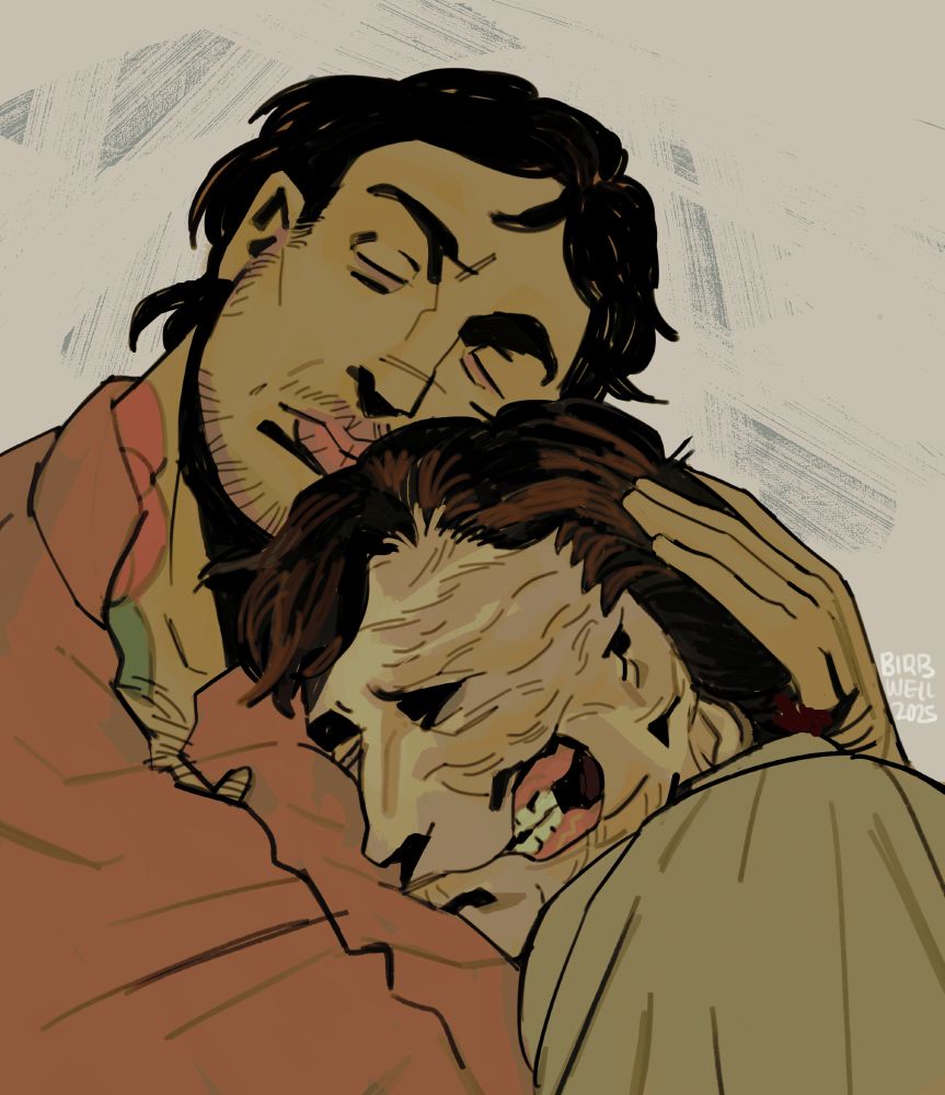 one man rests his head on the chest of another man. the one lying down has severe burn scars on the side of his face. though his mouth is closed, one side of his face has been all but hollowed out, leaving his teeth visible. he looks restful. the other man has his hand on the lying man's head, and he seems asleep. he has stubble, and the portions of a rose tattoo peek out from his shirt collar.