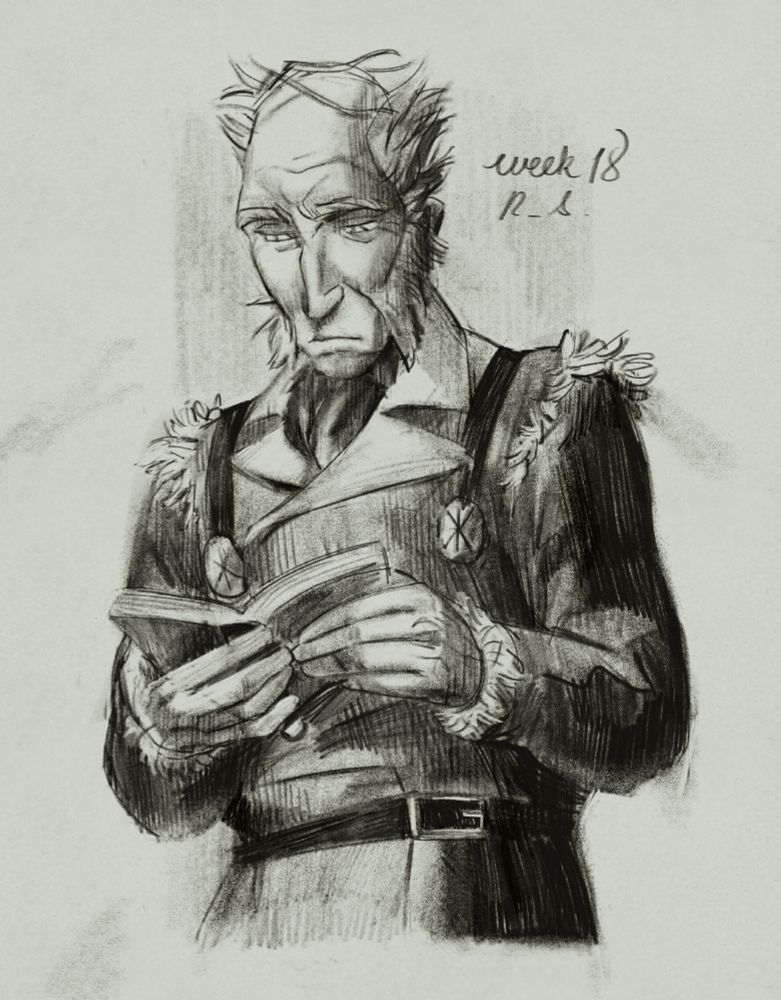 digital drawing of an old man with a combover and mutton chops in a military-esque uniform reading a book, rendered to look like a pencil sketch