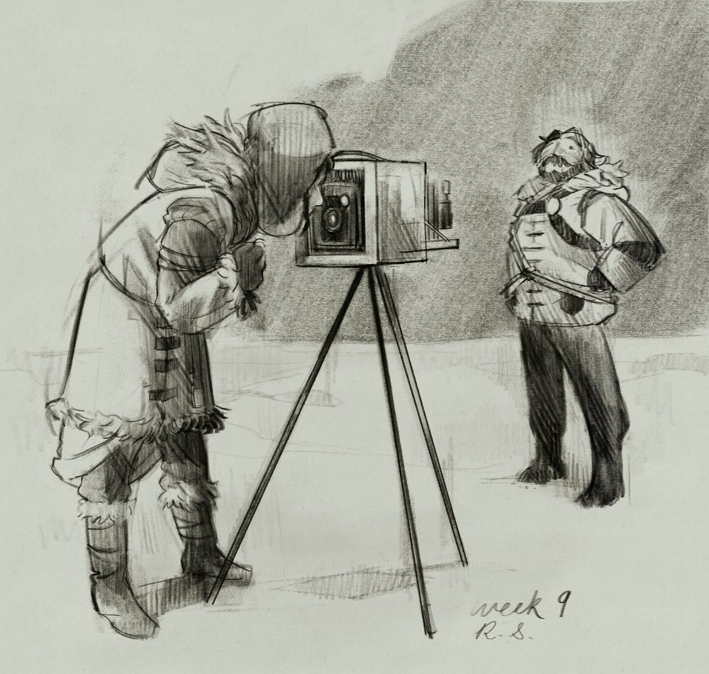 digital drawing of a person in a thick fur-lined jacket and a ushanka using an old-timey camera box on a tripod to take a photo of a bearded man in a polar explorer get-up, rendered to look like a pencil sketch