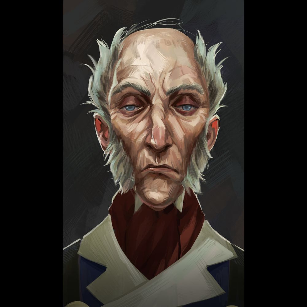 a bust portrait of a disapproving old man with mutton chops and a combover in military attire, rendered in a painterly style.