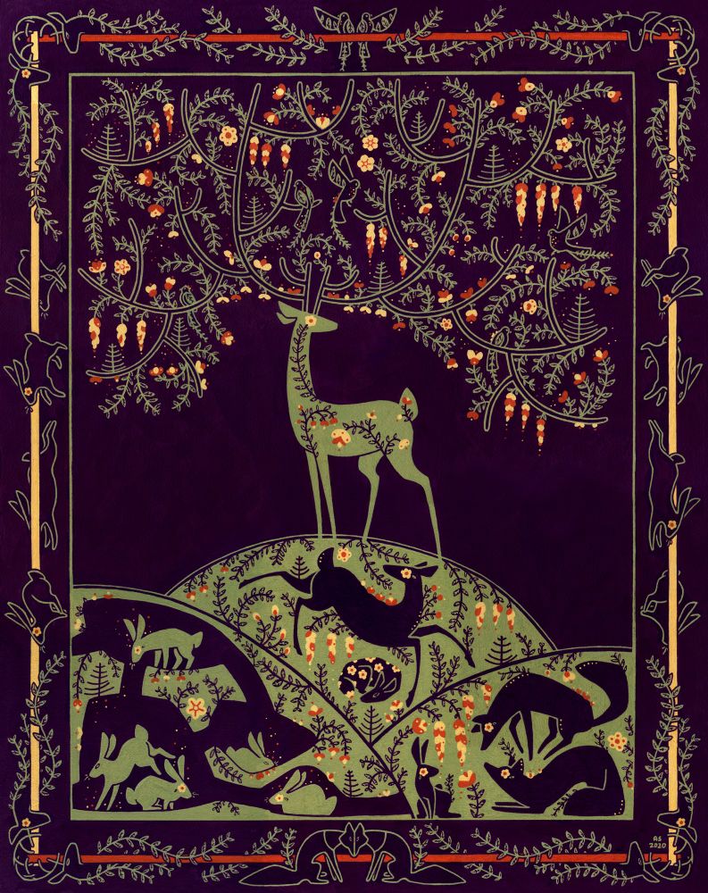 A green stag stands atop a hill, his antlers fill the top of the page and are filled with plants and birds.  In the hill he stands on, a doe leaps over her fawn.  Below them two foxes chase a rabbit who waits at the opening of a warren. 