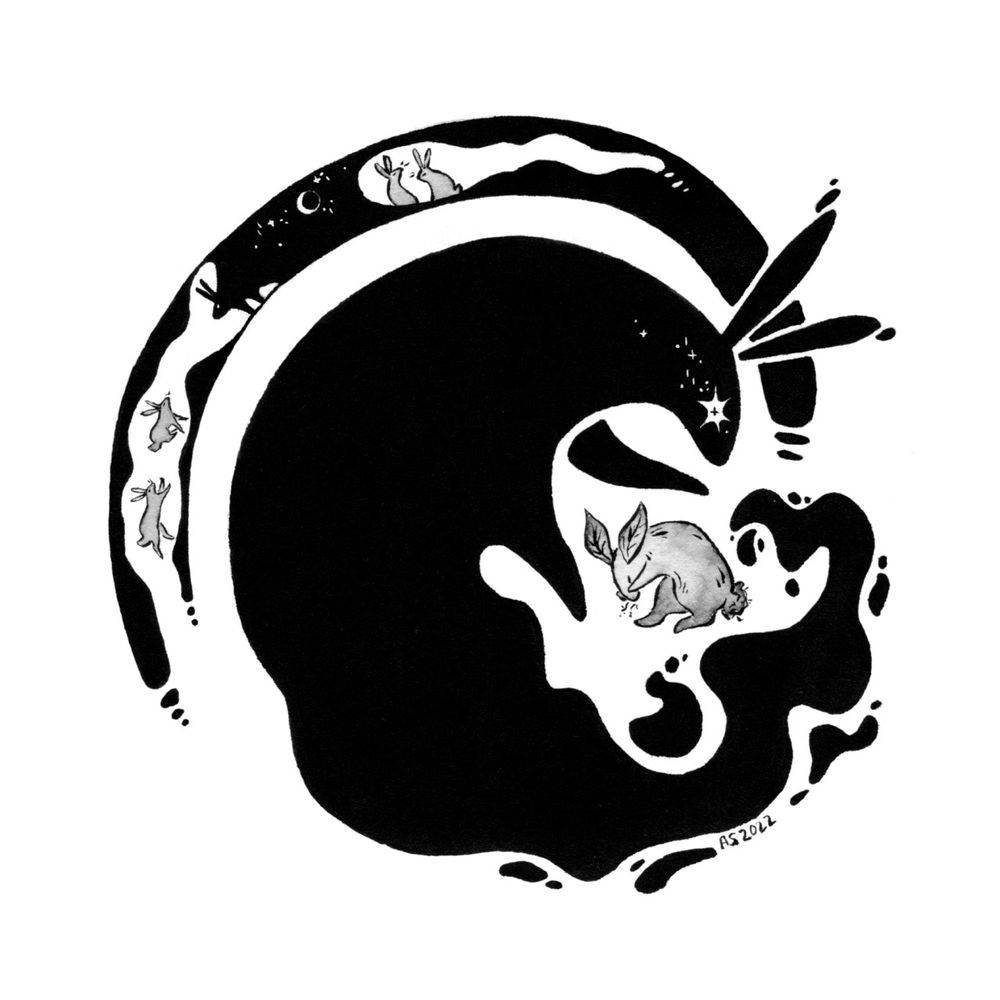 A black, ghostly rabbit encircles El-ahrairah. The rabbits eyes are made of starlight and El-ahrairah wears ears and a tail made of plants. A band of black curls around the back of the black rabbit, depicting El-ahrairah’s journey to find them. 