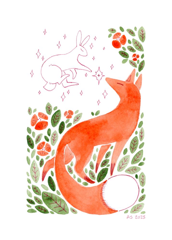 Stylized watercolor painting of a fox. A rabbit floats above the fox with it's paw stretching out. Between the rabbit's paw and the fox's nose, a light is shining.  Leaves and poppies grow in the empty space around them.