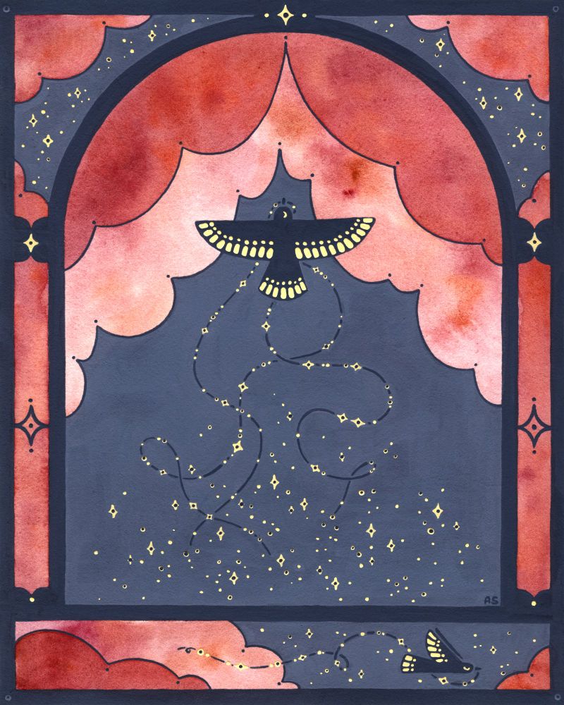 A watercolor and gouache painting.  Dark blue borders form an archway and in the center a bird flies upward into pink, watercolor clouds.  The bird is carrying long strings of stars and the stars are falling from the strings to fill the grey-blue sky.  