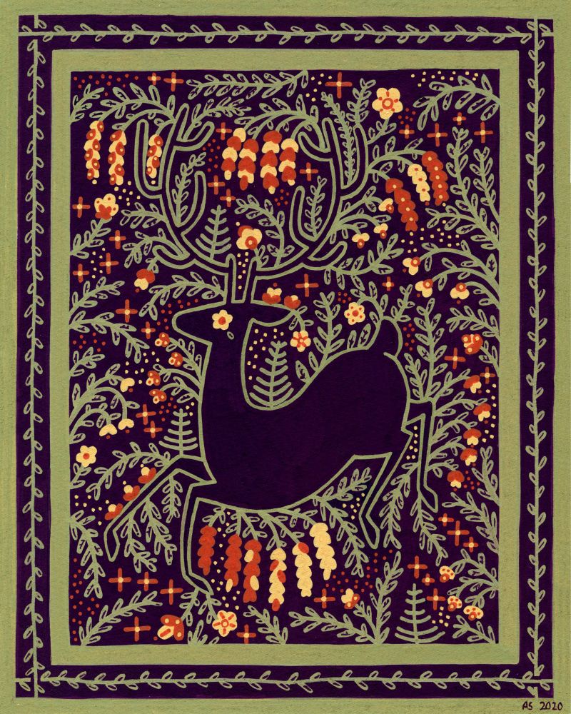 A painting of a running deer.  The deer is purple and plants grow from it’s body and antlers to fill the rest of the page. 