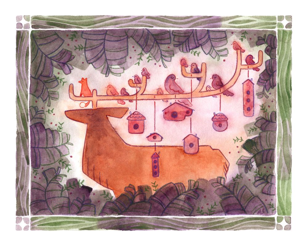 A watercolor painting of a deer traveling through a forest. Birdhouses hang from his antlers while birds rest atop them.  A small fox rides along with the birds.