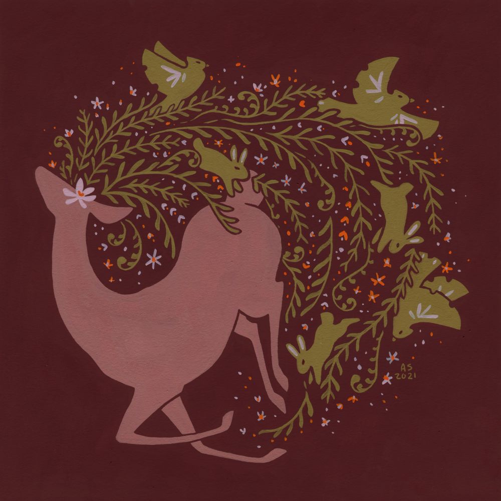 A painting in which a doe falls, its head craned back. Plants, flowers, and rabbits burst from its eye.  