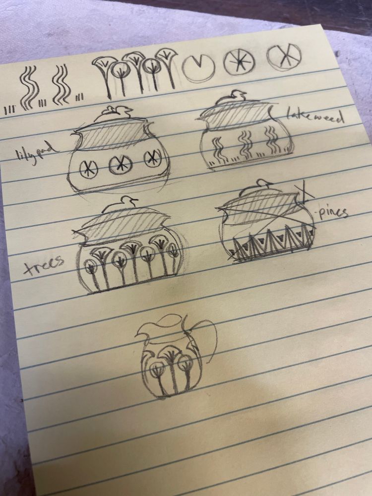 Pencil sketches on lined paper.   Four sugar bowls feature different designs: lilypads, lakeweed, deciduous trees, and pine trees. A small creamer sketch also features the deciduous tree design. Smaller flat sketches of each design fill the rest of the paper. 